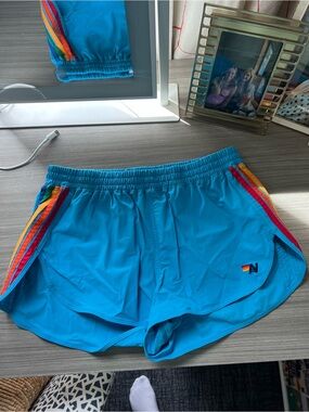 Aviator Nation Blue Athletic Shorts with Rainbow Side Stripes